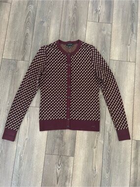 ANN TAYLOR Burgundy Navy Gold Pattern Print Button Cardigan Sweater Size S